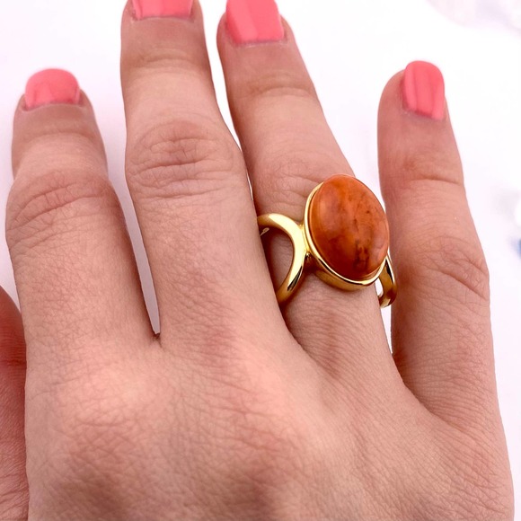 Genuine Salmon Howlite 18k Gold Plated Ring Size 5.5 - Picture 7 of 13